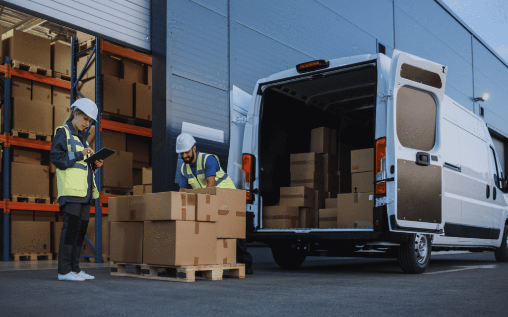 Employees loading a truck with boxes from a warehouse