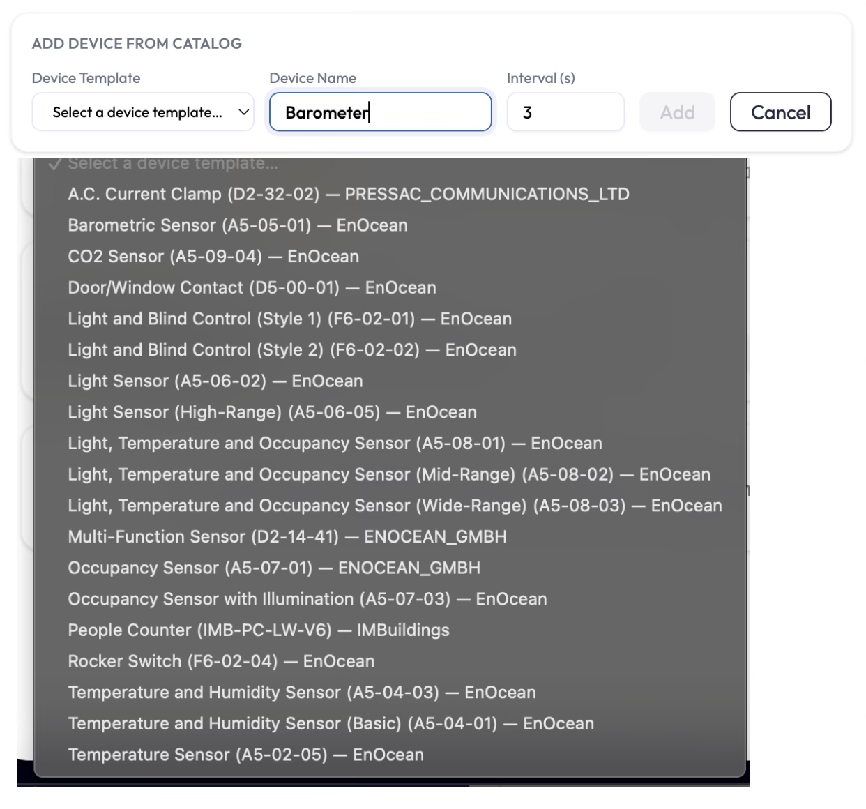 Add Device From Catalog form with the device template dropdown open showing available sensor types.