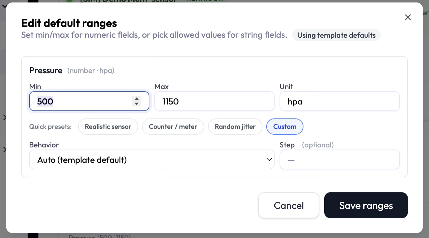 Edit default ranges dialog showing Min/Max fields, Quick presets selector, Behavior options, and Step value input.