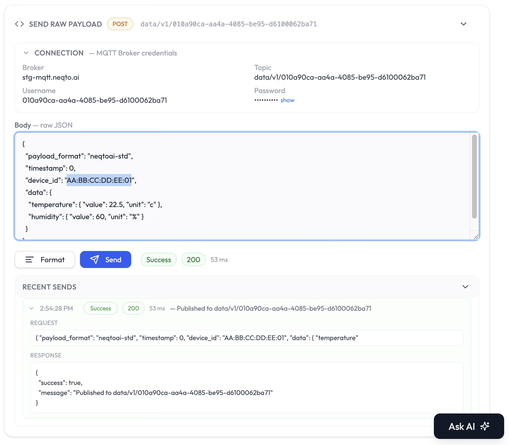 Send Raw Payload panel showing the Connection details section, Body JSON editor with a neqtoai-std payload, and the Recent Sends list below.