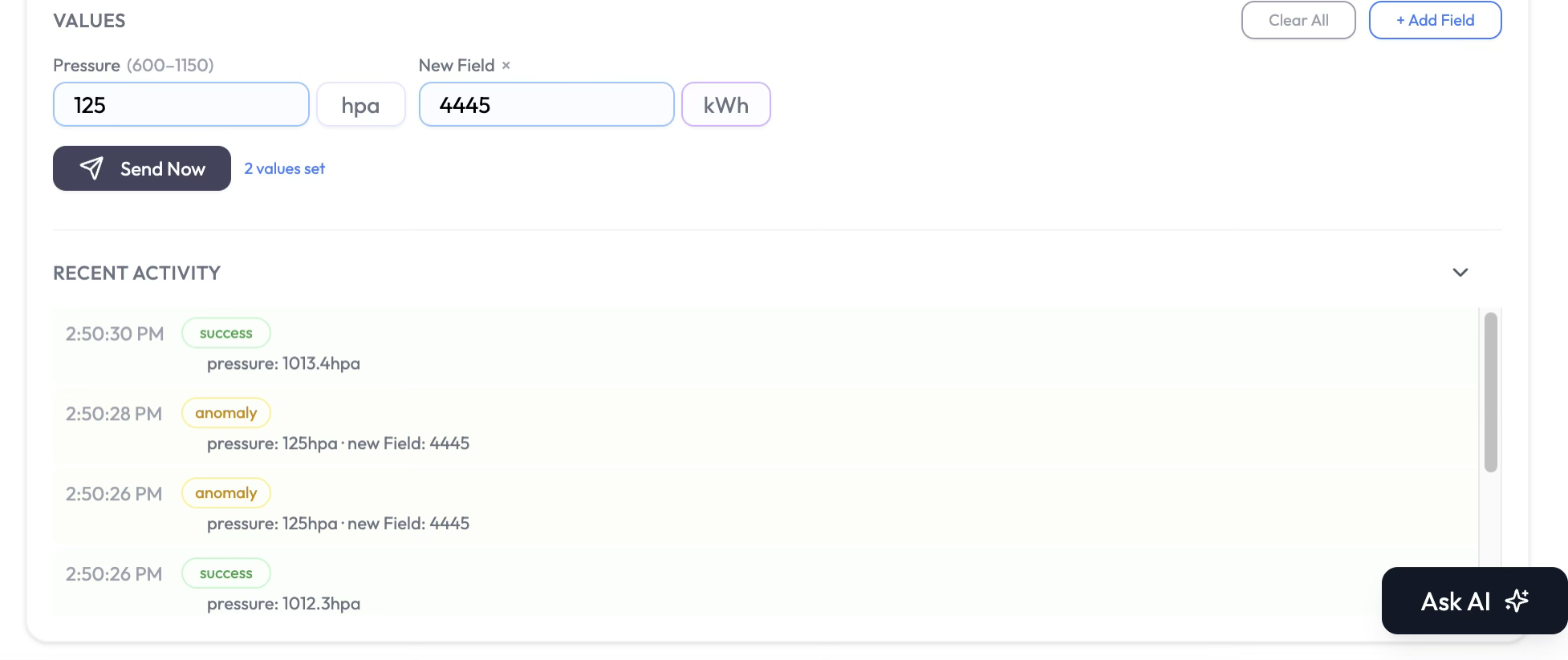 Values section with custom values entered and the Recent Activity list below, showing success and anomaly statuses.
