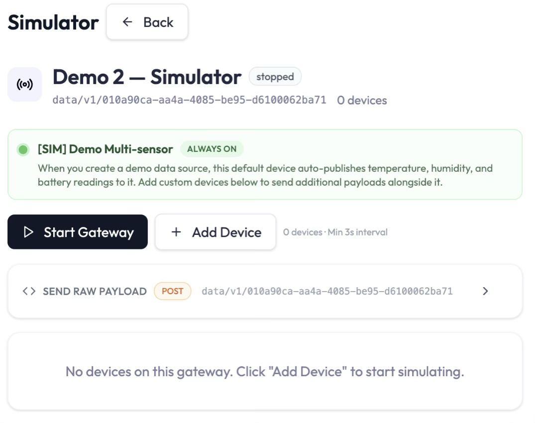 Simulator page in stopped status, showing the Start Gateway button and the always-on Demo Multi-sensor.