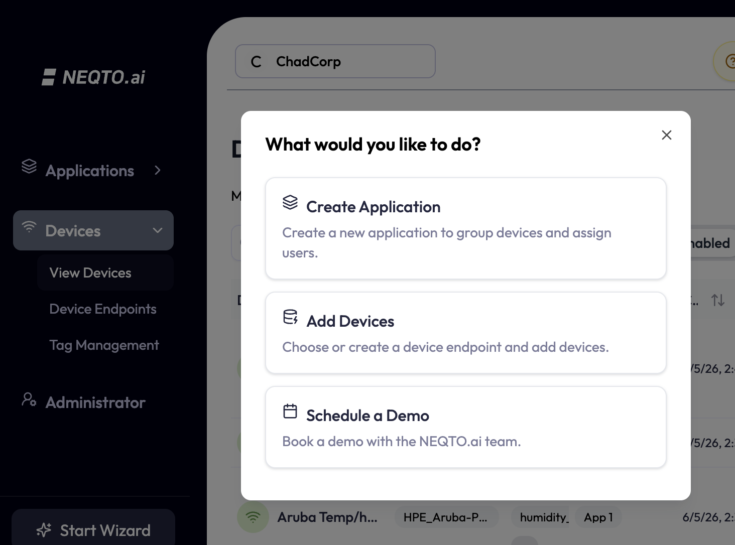 NEQTO.ai Start Wizard screen with Add Devices selected, and the Create Aruba Device Endpoint option highlighted in the list of endpoint types.