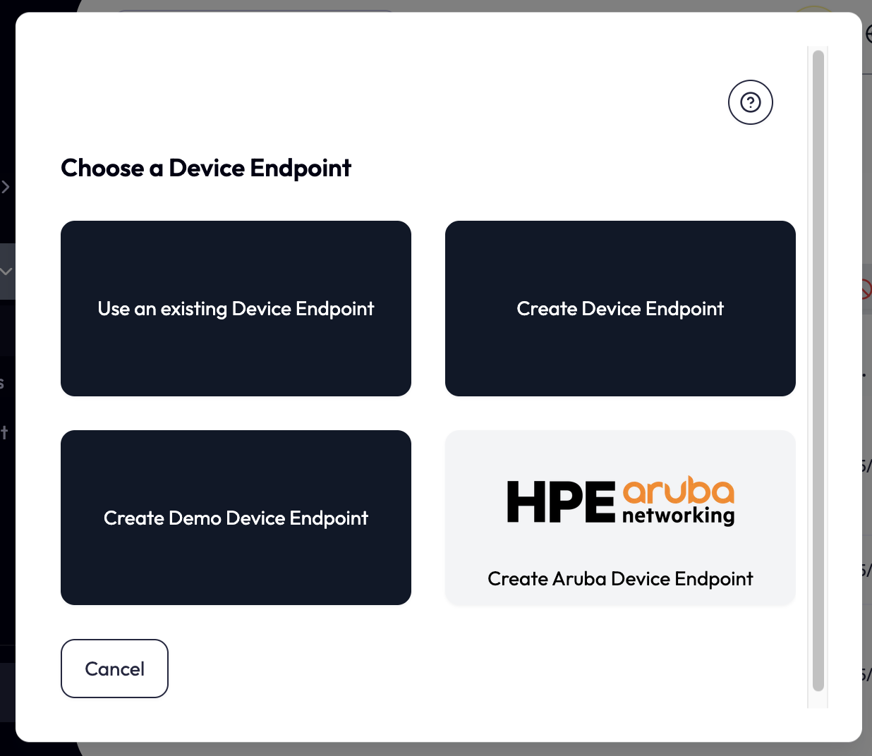 NEQTO.ai Start Wizard screen with Add Devices selected, and the Create Aruba Device Endpoint option highlighted in the list of endpoint types.