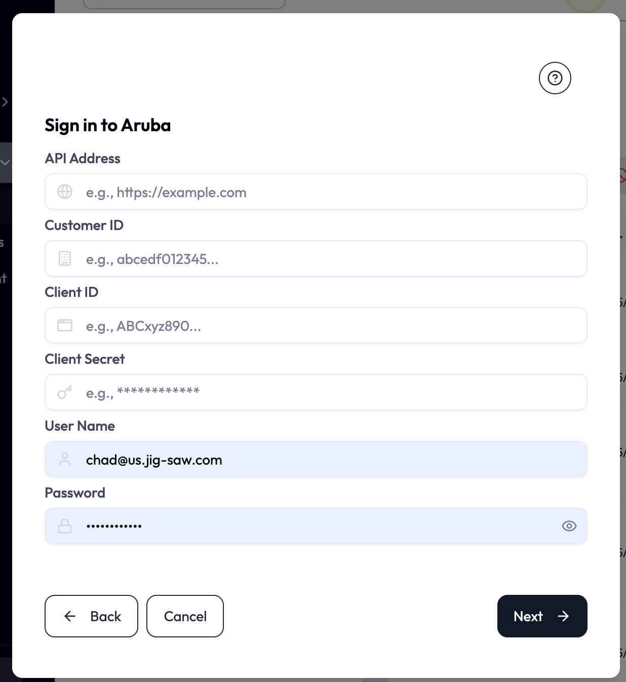 NEQTO.ai Sign in Aruba screen with fields for API Address, Customer ID, Client ID, Client Secret, User Name, and Password.