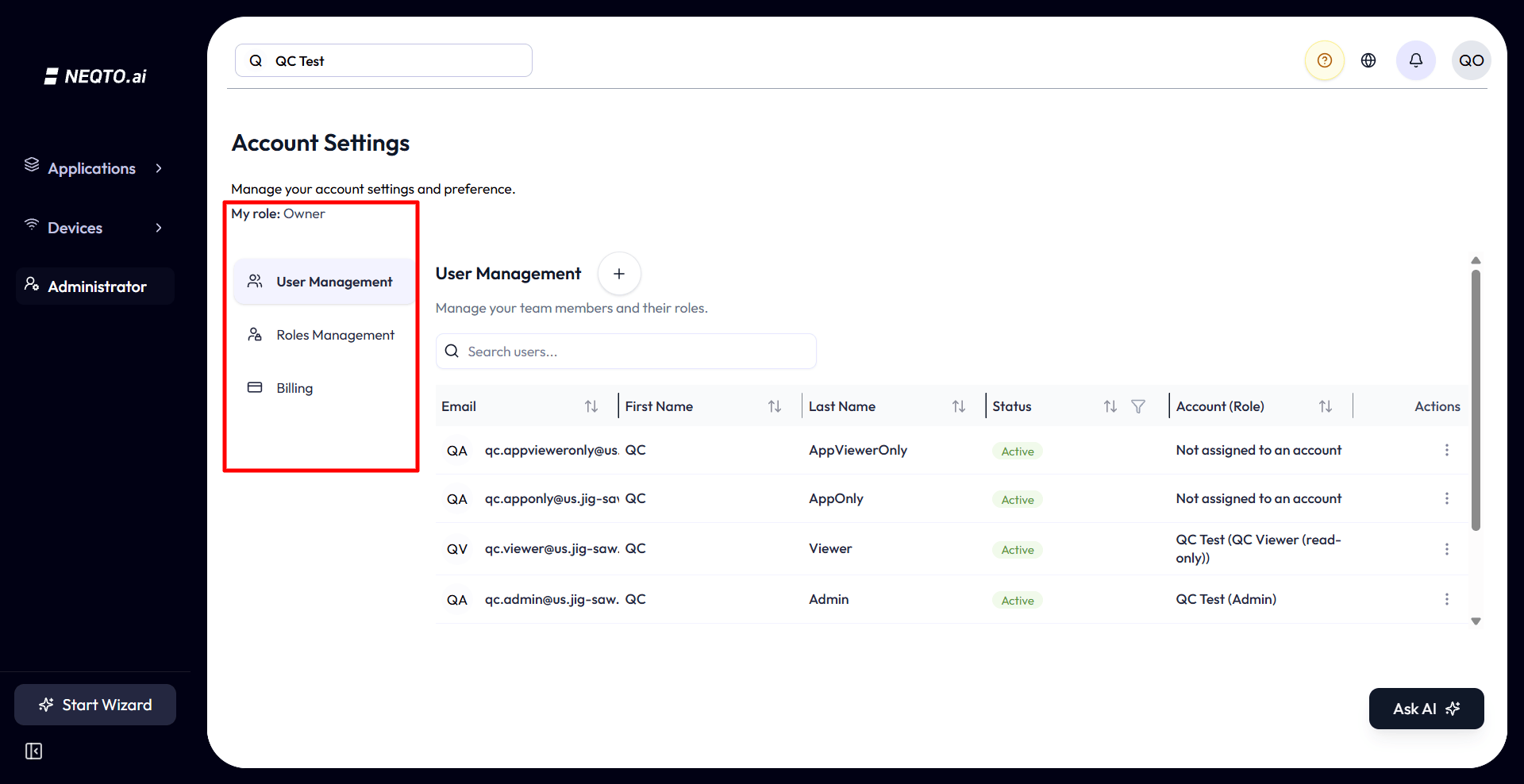 Account Settings page. A line at the top reads My role followed by the current user's role name. Below it are vertical tabs: User Management, Roles Management, and Billing. Each tab only appears if the user holds the relevant view permission.