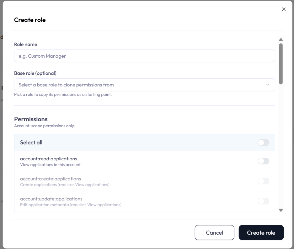 Edit Role permission editor. A Select all toggle at the top, then a list of rows, each showing a permission slug in monospace such as account:create:users with a short description and an on/off toggle. Some toggles are dimmed and locked with a tooltip that reads Requires: followed by the slugs that must be granted first.