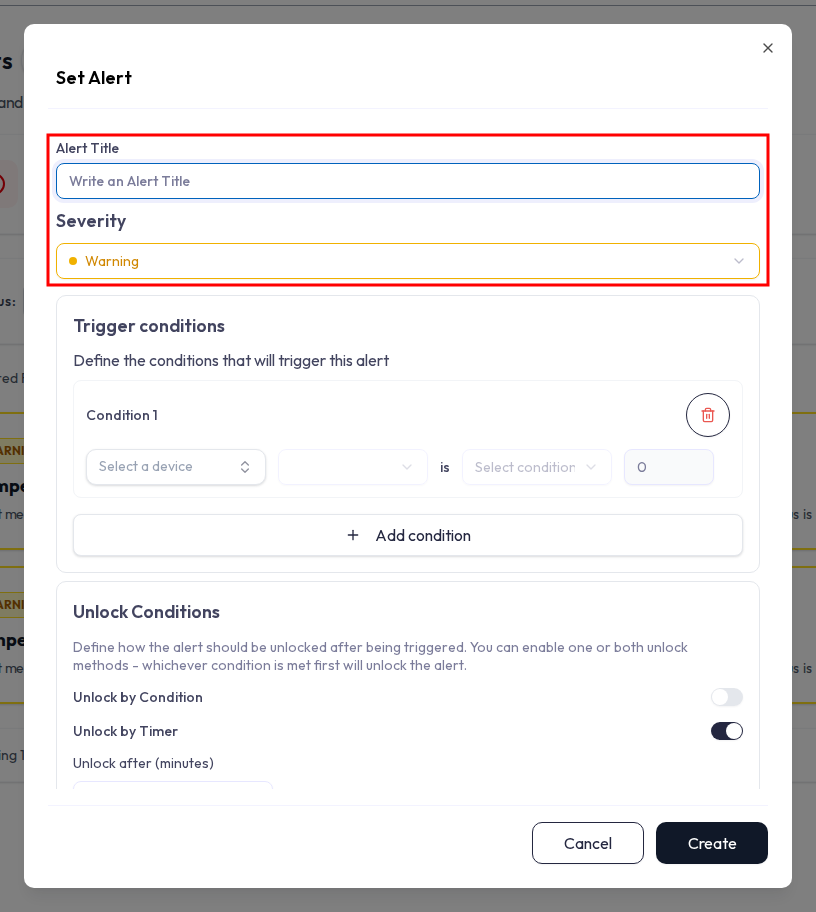 Set Alert dialog top section: an Alert Title text field and a Severity dropdown showing Info, Warning, and Critical, each with a colored dot (blue, yellow, red).
