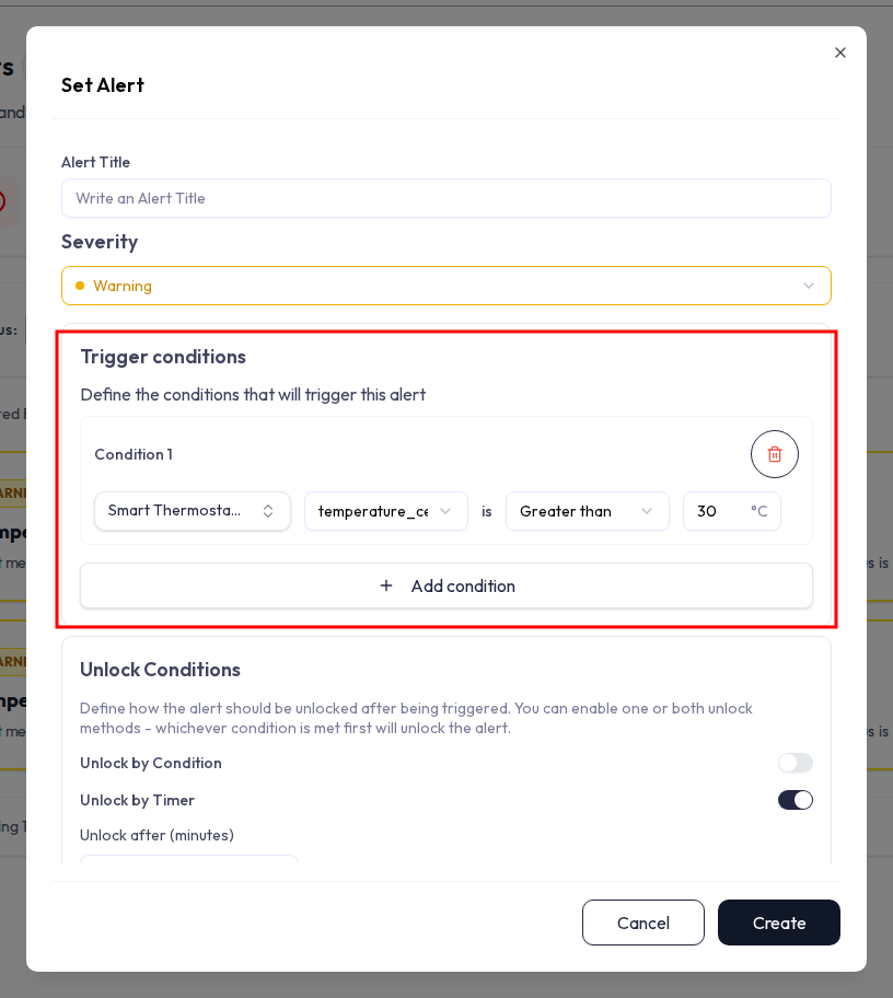 Set Alert dialog Trigger conditions section. Each condition row has a device selector, an attribute selector, the word is, an operator dropdown, and a value input that shows the attribute's unit. A Condition logic radio group with AND (All) and OR (Any) appears once there is more than one condition, plus an Add condition button.