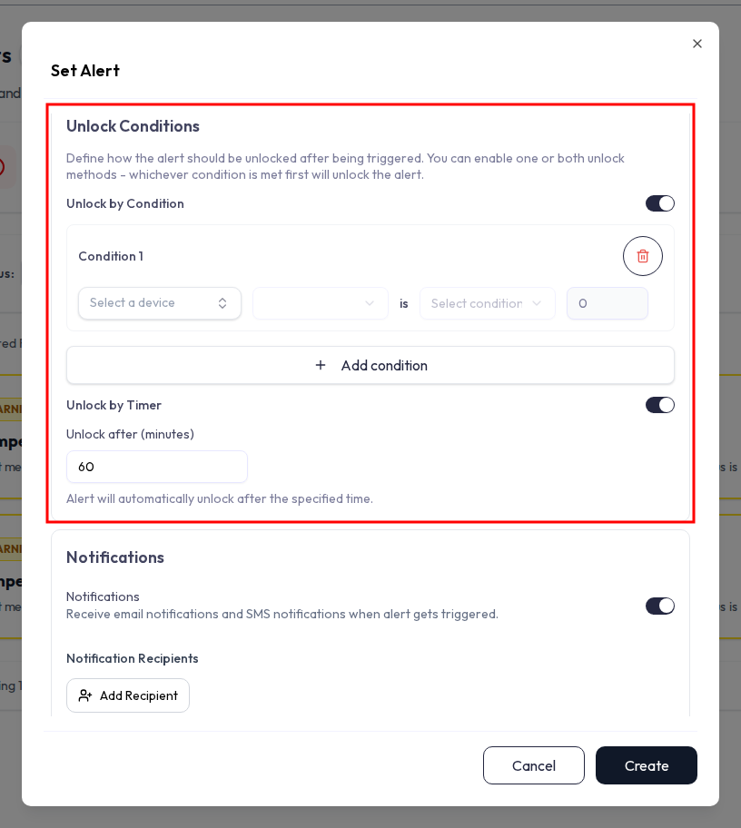 Set Alert dialog Unlock Conditions section with two toggles: Unlock by Condition, which reveals its own device/attribute/operator/value condition rows, and Unlock by Timer, which reveals an Unlock after (minutes) number input. Helper text explains that whichever method is met first will unlock the alert.