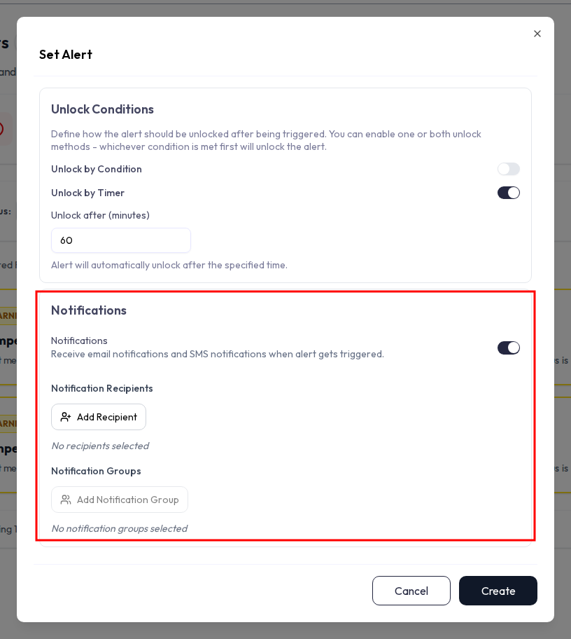 Set Alert dialog Notifications section. A single Notifications toggle controls delivery. When it is on, a Notification Recipients list appears (account or application users plus external contacts shown as chips) added via an Add Recipient menu offering Add User and Add External, and a Notification Groups picker with an Add Notification Group button.