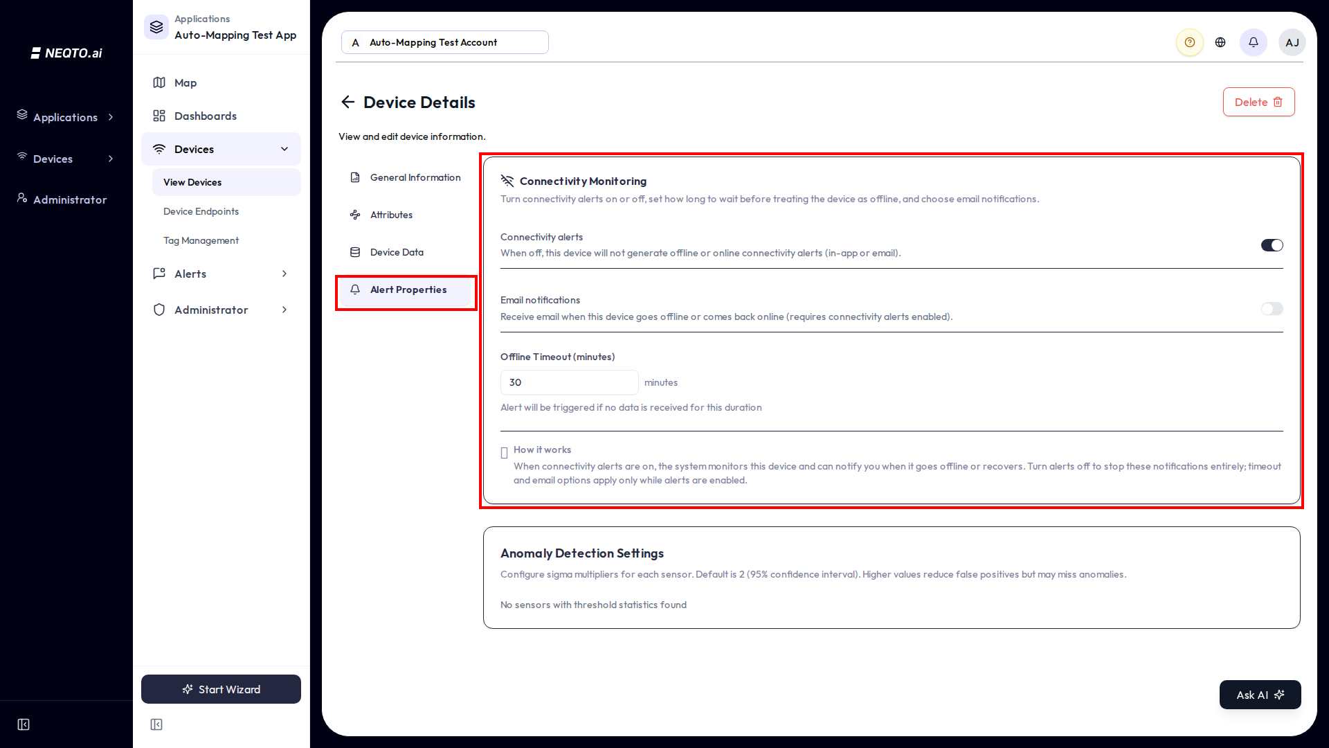 Device detail Alert Properties tab, Connectivity Monitoring card. It has a Connectivity alerts toggle (the master on/off), an Email notifications toggle, an Offline Timeout field in minutes (minimum 10), and a Save Changes button.