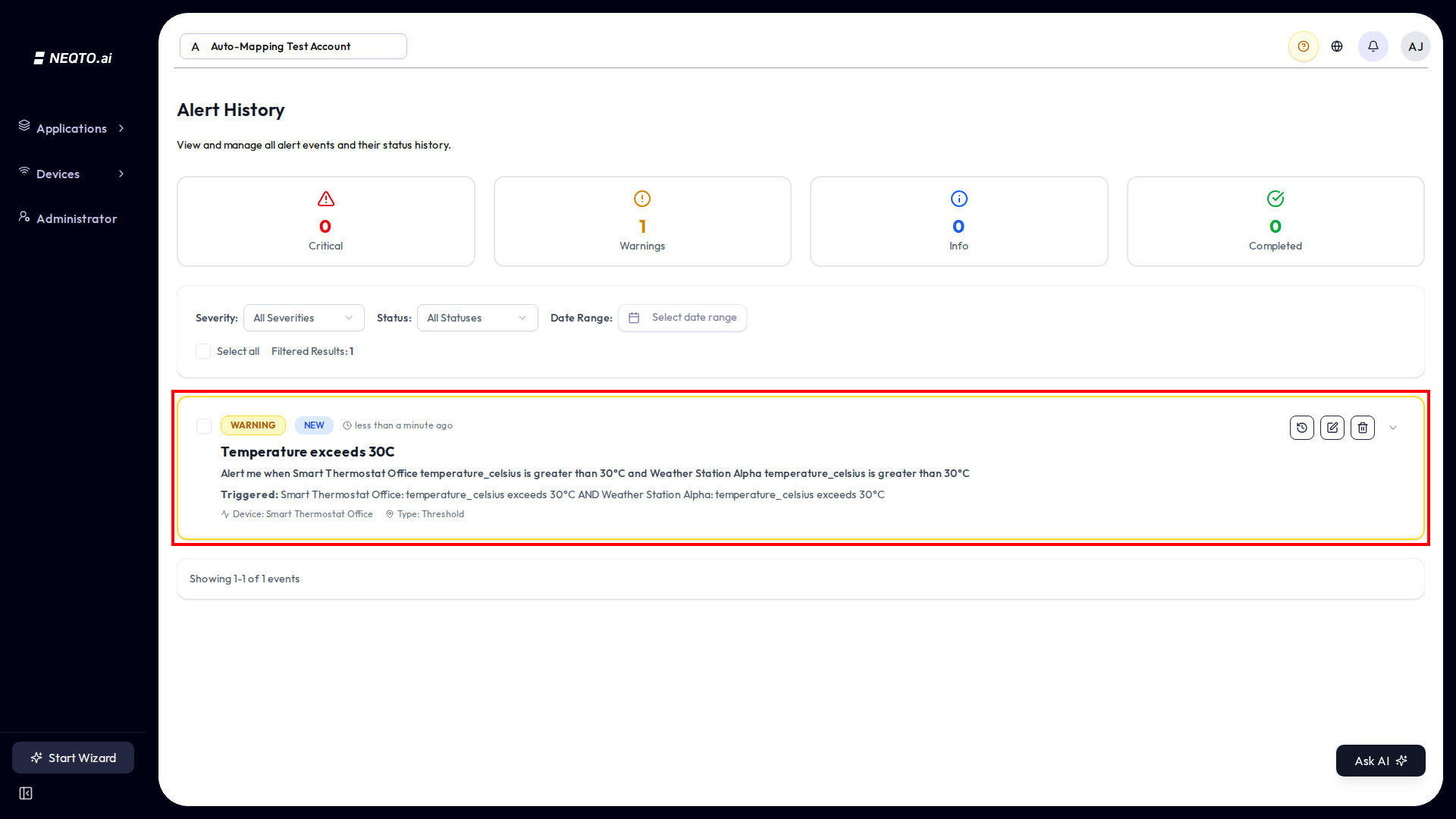 Alert History page titled Alert History with the description View and manage all alert events and their status history. Event cards show the alert name, message, device, severity color, and a status badge. Filters across the top cover Severity, Status, and a Date Range picker, with select-all and delete controls.