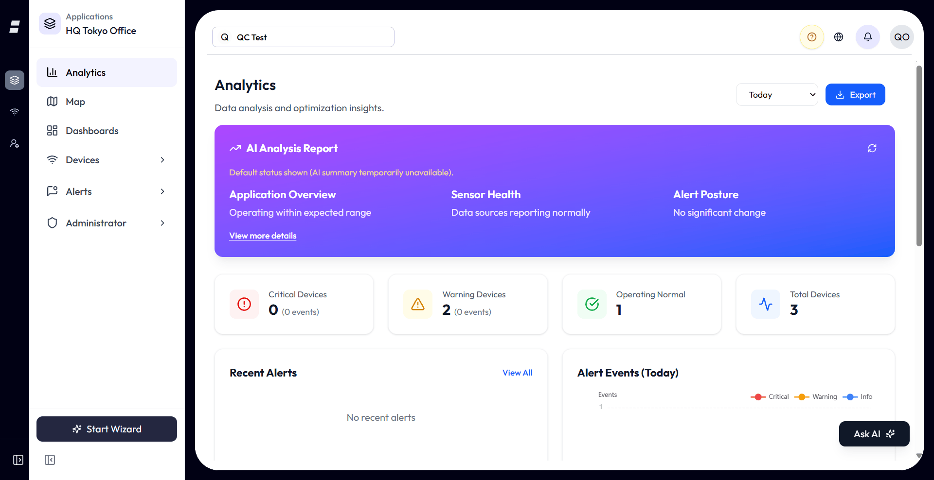 The Analytics screen inside an application: a page titled Analytics with the subtitle Data analysis and optimization insights, a time-range selector and an Export button in the top right, a purple-to-blue AI Analysis Report panel across the top, a row of four summary cards (Critical Devices, Warning Devices, Operating Normal, Total Devices), and below them a Recent Alerts list, an Alert Events timeline chart, and a full-width Device connectivity chart.