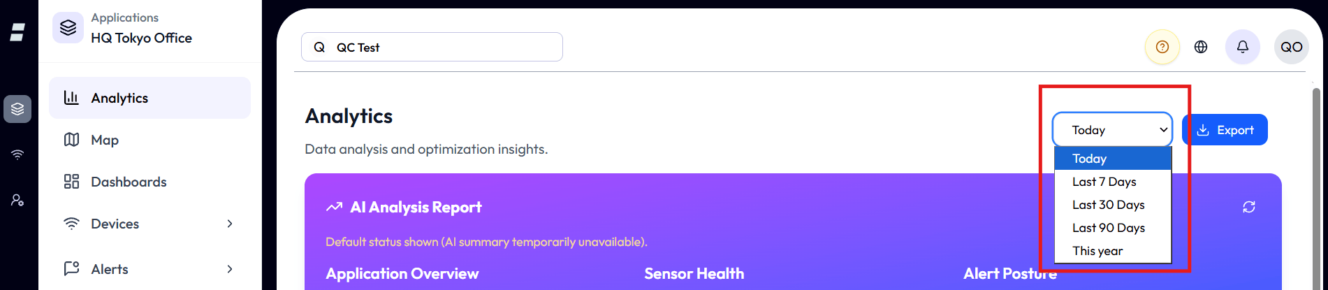 The time-range selector open, a simple dropdown showing five options: Today, Last 7 Days, Last 30 Days, Last 90 Days, and This year.