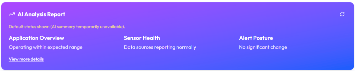 The AI Analysis Report panel: a purple-to-blue card titled AI Analysis Report with a refresh icon, three columns headed Application Overview, Sensor Health, and Alert Posture each holding a paragraph of generated text, and a View more details link that expands to longer Overview, Sensors, and Alerts paragraphs plus a numbered list of recommendations.