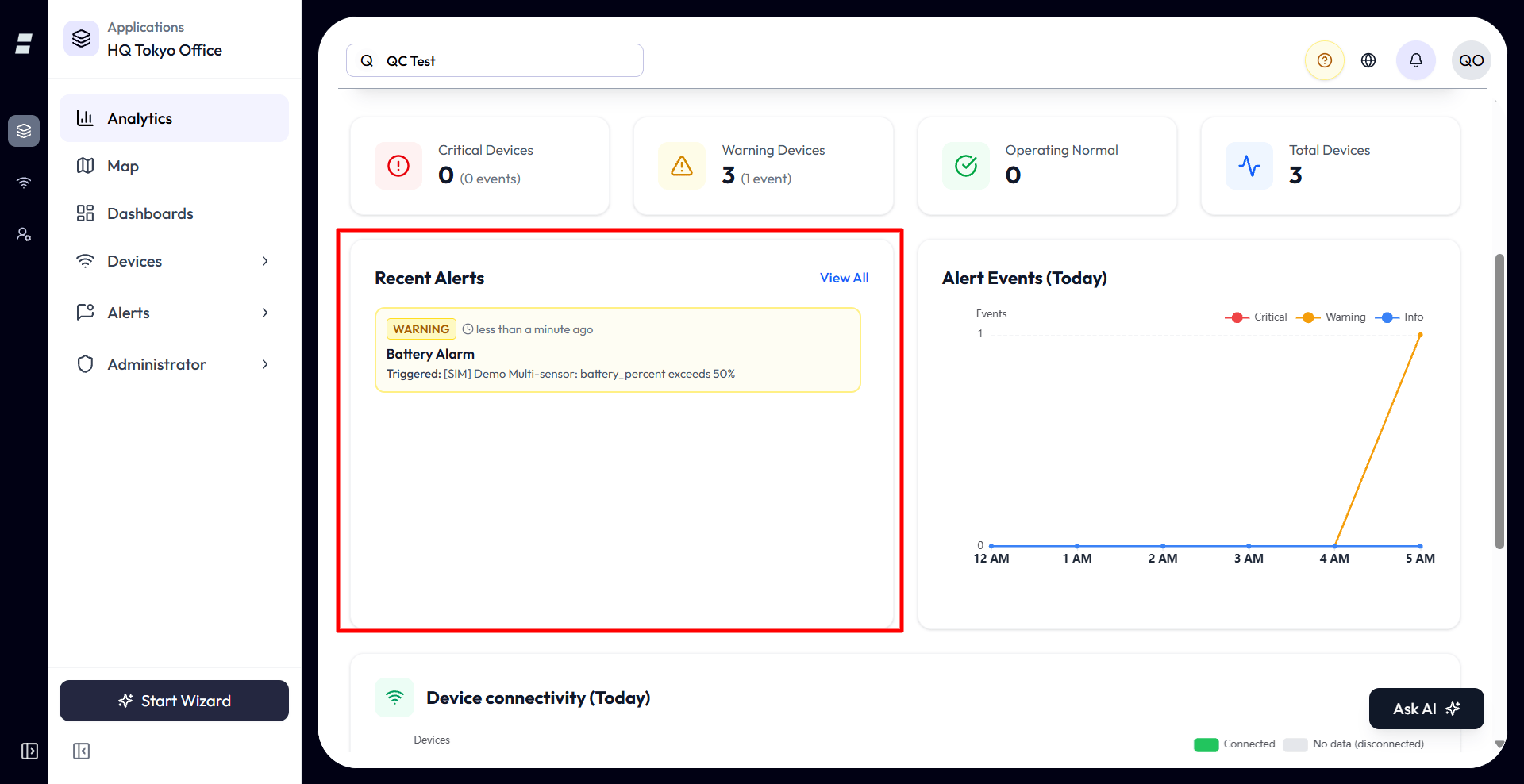 The Recent Alerts widget: a card titled Recent Alerts with a View All link, listing up to five recent non-completed alert event cards each showing a severity color, device name, alert name, and time, with an empty state reading No recent alerts.