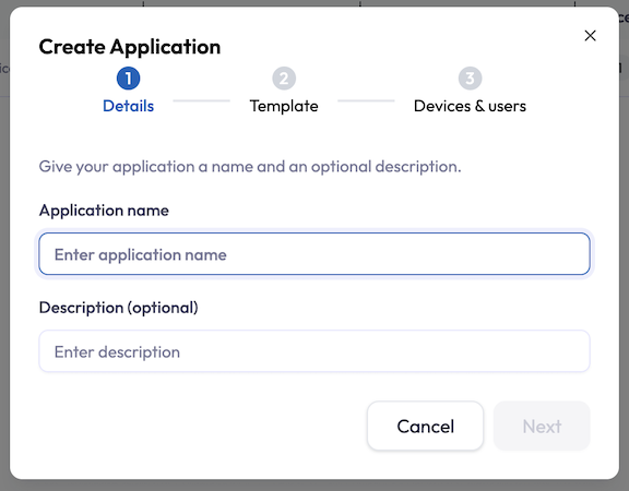 Create Application wizard step one, titled Details, with a step indicator across the top. Fields: Application name (required) and Description (optional). Next and Cancel buttons at the bottom.
