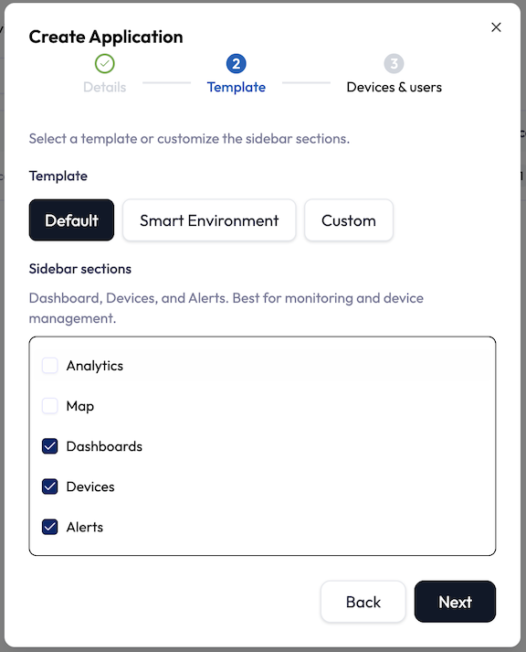Create Application wizard step two, titled Template. Three template choices: Default, Smart Environment, and Custom. Below them a 'Sidebar sections' panel with checkboxes for Analytics, Map, Dashboard, Devices, and Alerts. Changing a checkbox switches the template to Custom.
