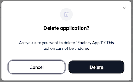The Delete application confirmation dialog with a trash icon, the title 'Delete application?