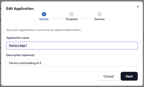 The Edit Application dialog, opened from the Actions column, prefilled with the application's current name, description, sidebar template selection, and assigned device endpoints and devices. It reuses the same three-step wizard layout as creation.