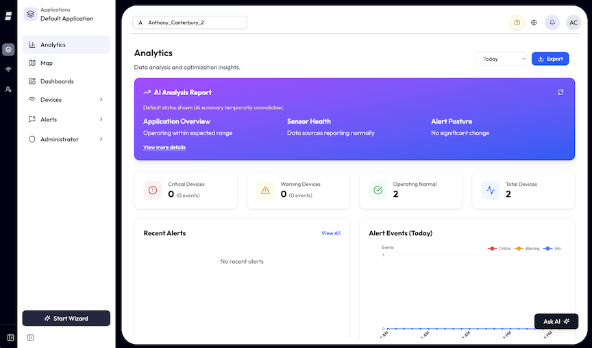 An open application showing its Analytics page. A white left sidebar has a header with a Layers icon, the label 'Applications', and the application name ('Default Application'); clicking it returns to the Applications list. Below are the nav items Analytics, Map, Dashboards, Devices (expandable), Alerts (expandable), and Administrator (expandable), with a 'Start Wizard' button and a collapse toggle at the bottom.