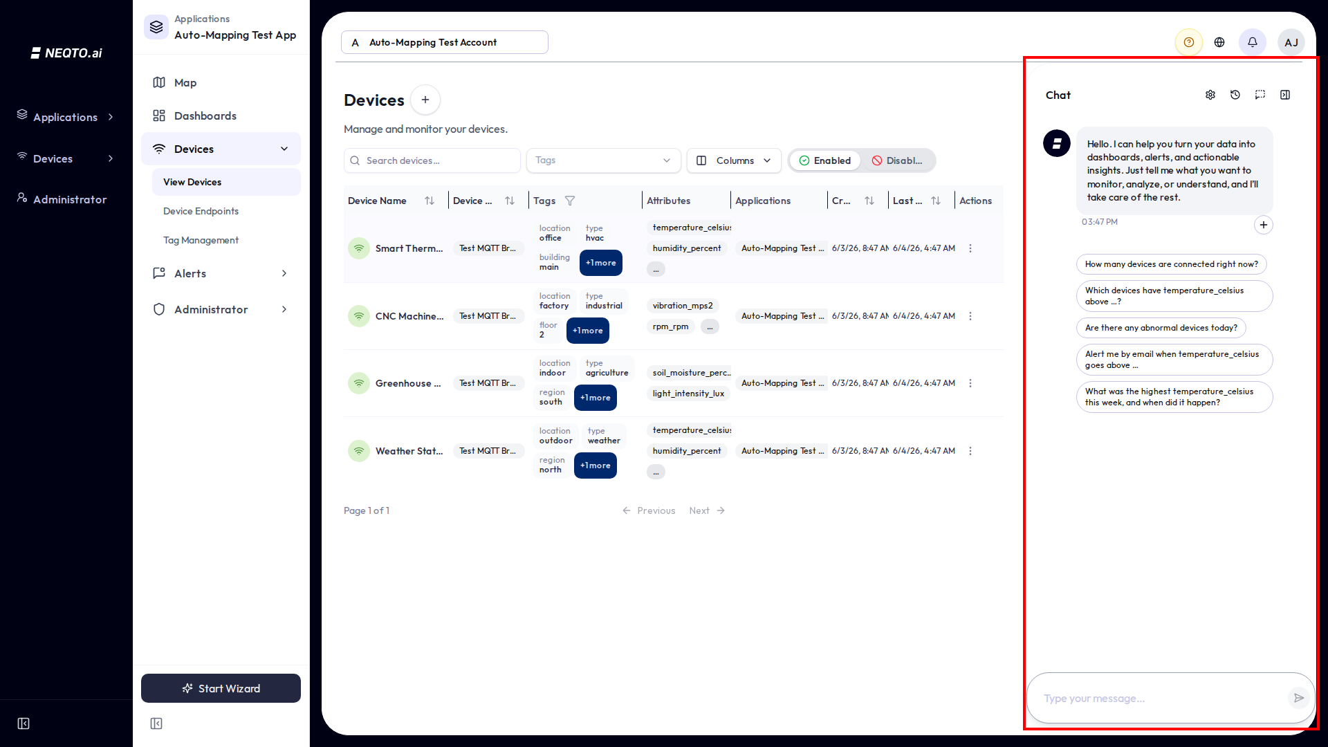 The main Ask AI chatbot open as a panel docked to the right side of the screen. The header shows a chat title and four icons (settings, history, new chat, close). Below it a welcome message reads about turning data into dashboards, alerts, and insights, followed by a small plus button that opens the optional device selector, and a text composer with a send button at the bottom.