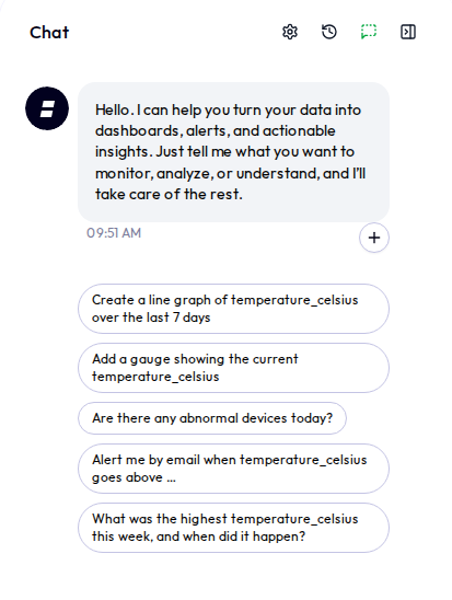 A fresh chat showing a row of suggested starter-prompt chips tailored to the current page, for example Are there any abnormal devices today, How many devices are connected right now, and Create a line graph of a metric over the last 7 days.
