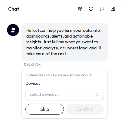 The first bot message in a new main-chatbot conversation with the device selector expanded after clicking the plus button: an inline multi-select Devices dropdown listing the user's devices with a confirm and a skip option, scoped to the current application.