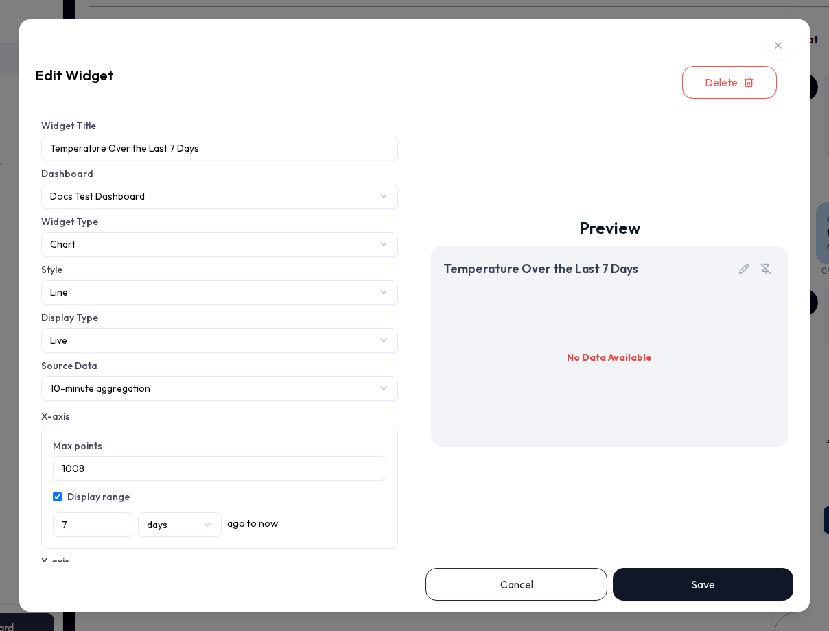 The Widget Editor modal opened from the chat, pre-filled with the AI-suggested title, widget type, metrics, and time range, plus a dashboard selector and a Save button.
