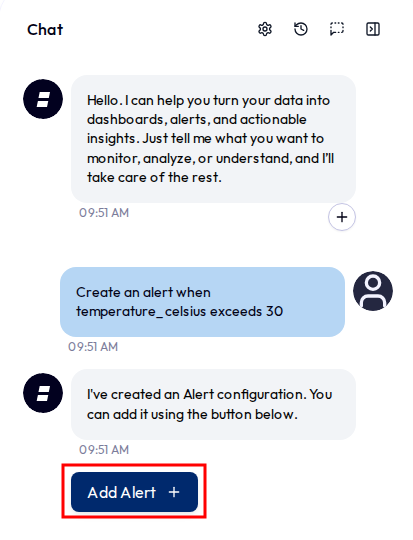 A bot message describing a parsed alert (metric, threshold value, direction, and notification channel) with an Add Alert button beneath it.
