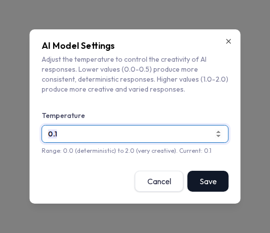 The AI Model Settings dialog with a Temperature numeric field accepting 0.0 to 2.0, a current value of 0.1, and Save and Cancel buttons.