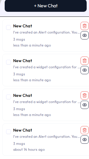The chat history slide-in panel listing saved sessions as rows, each with a title, a message count, and a relative timestamp such as 2 hours ago, plus per-row and bulk delete controls.