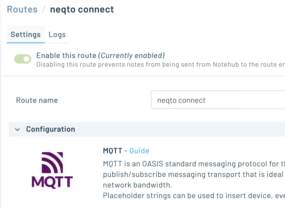 Notehub Create Route dialog with MQTT selected as the route type and a name field reading 'NEQTO.ai - production'.