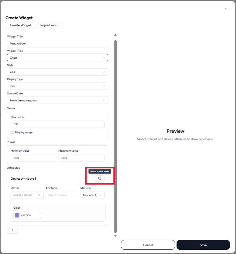 The Chart editor with the Mode Switch button (tag icon) at the top-right of the Device Attribute 1 section highlighted by a red box, showing a Switch to Multi Mode tooltip.