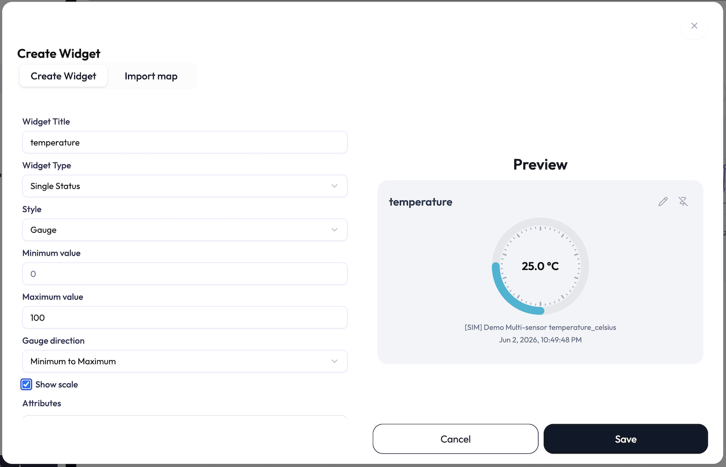 Gauge configuration: Minimum value and Maximum value inputs, a Gauge direction select (Minimum to Maximum or Maximum to Minimum), a Show scale checkbox, and an Advanced color settings section that adds threshold rows each with a target value, gauge color, and text color.