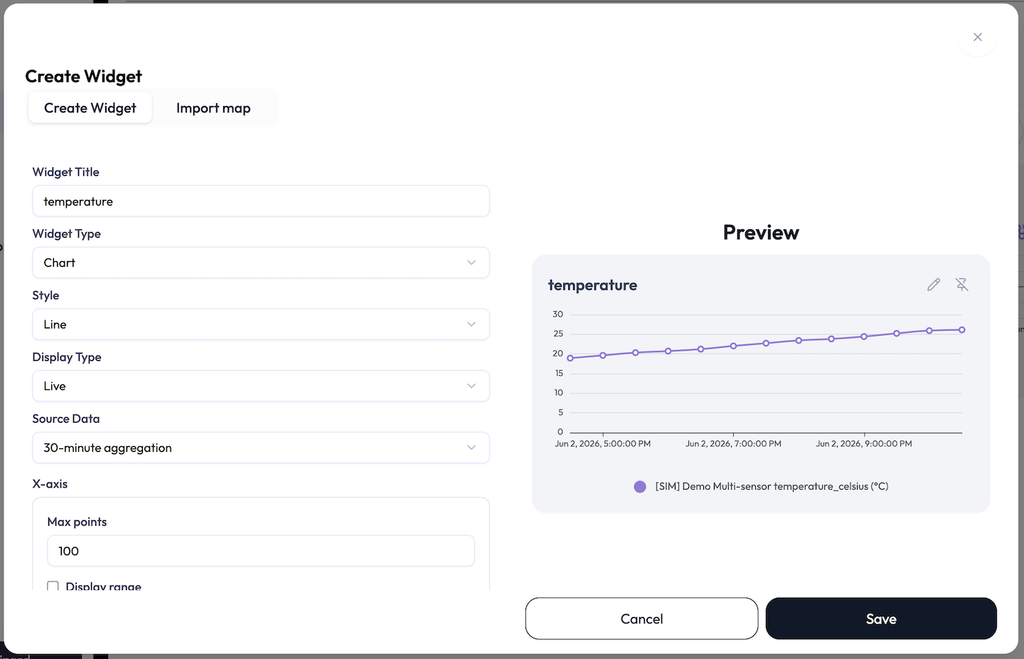 Create Widget dialog with two tabs across the top: Create Widget (build from scratch) and Import map (add a map widget that mirrors a map from this application's Map page). The Import map tab only appears when you are inside an application.