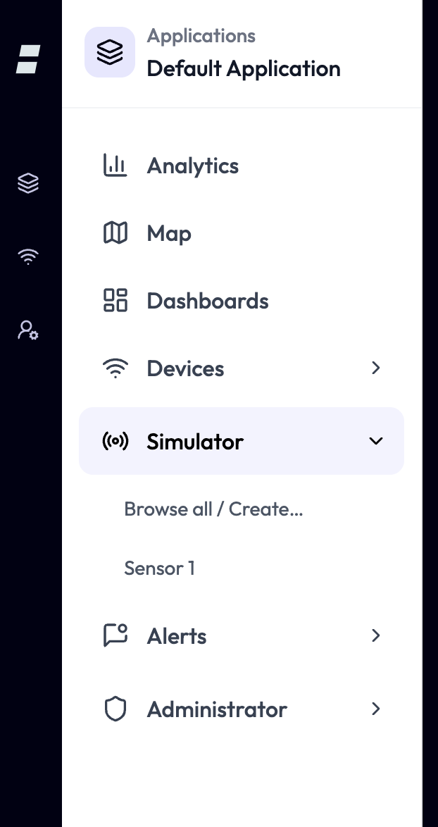 The application sidebar showing a Simulator item below Devices, expanded to list recently visited demo endpoints and a Browse all / Create… action, with the Simulator endpoint picker open alongside it showing Use existing and Create new tabs.