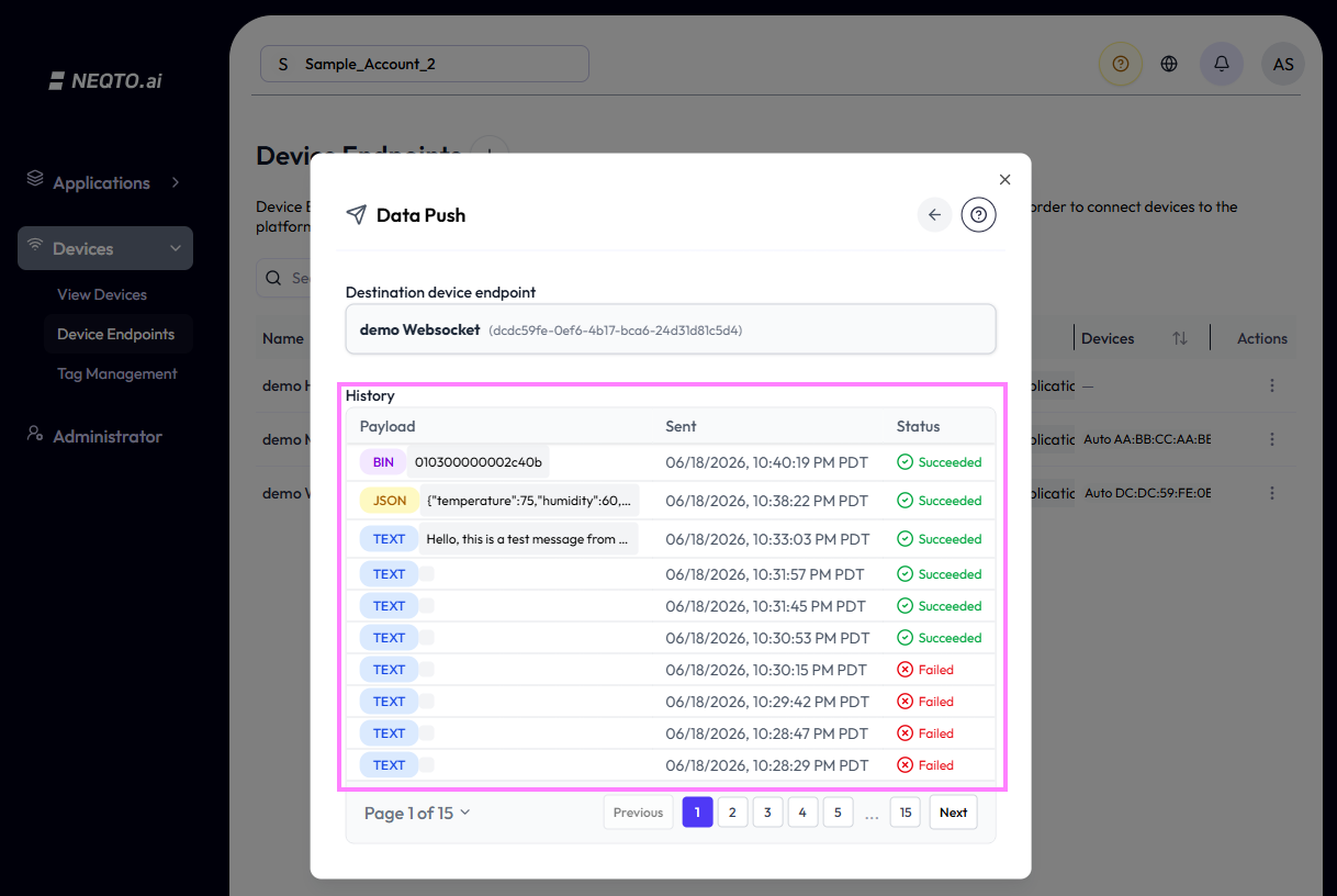 The Data Push history view: a table of past transmissions with Payload, Sent, and Status columns. Rows carry BIN, JSON, and TEXT type badges and show Succeeded or Failed statuses, with pagination reading 'Page 1 of 15' at the bottom.