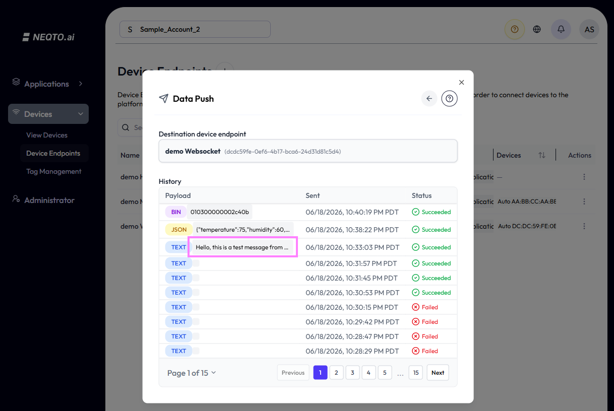 The history view with one TEXT row — 'Hello, this is a test message from …' — highlighted, ready to be clicked to reuse.