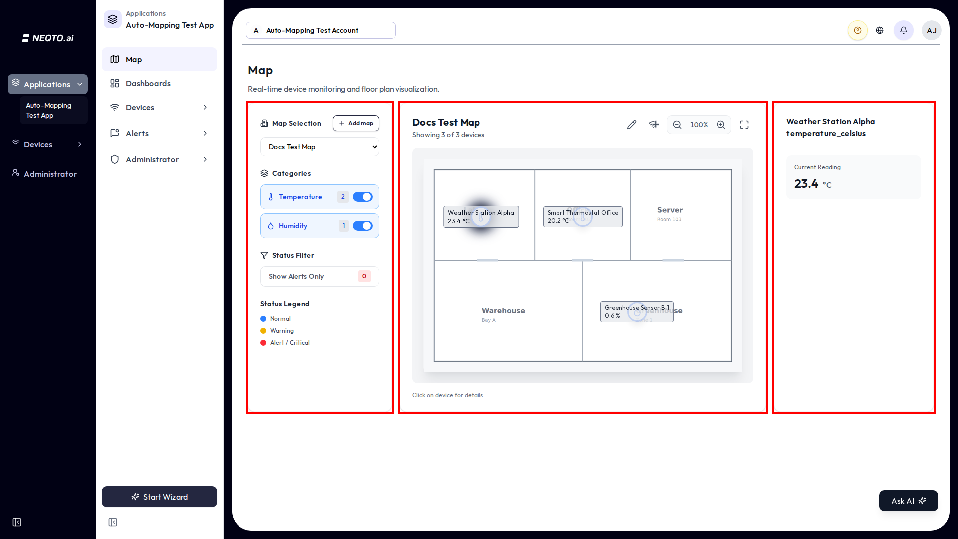 The Map page in a three-panel desktop layout. Left: a filter sidebar with a Map Selection dropdown, an Add map button, Categories checkboxes, a Status Filter, and a Status Legend. Center: the floor-plan image with device pins overlaid, plus zoom and full-screen controls. Right: a device panel showing the selected pin's current reading and history charts.