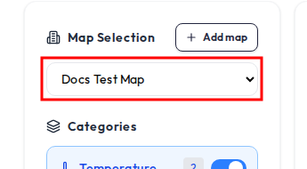 The filter sidebar's top section showing a Map Selection dropdown listing the application's maps in alphabetical order, with an Add map button beside the heading.