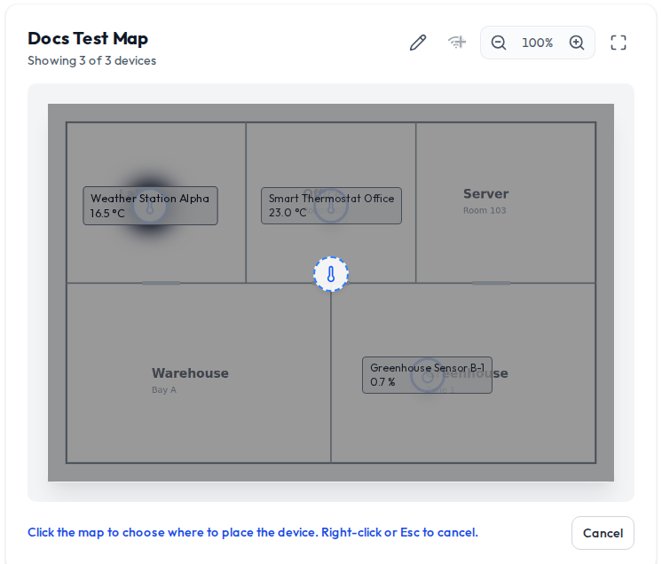 The map in placement mode after clicking Add device: a hint reads 'Click the map to choose where to place the device. Right-click or Esc to cancel,' and a ghost pin icon follows the cursor over the floor-plan image.