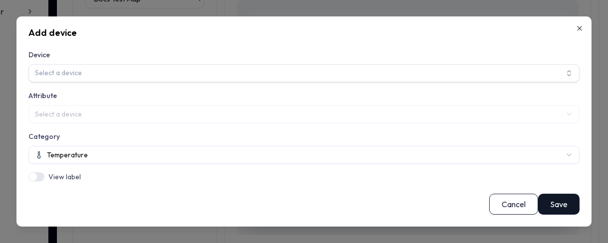 The Add device dialog. Fields: a searchable Device select, an Attribute (data point) select that fills in after a device is chosen, a Category select with an icon preview, a 'View label' toggle that reveals a label text field, a 'Place value' toggle, and a label-position select with a live label preview. For numeric attributes a 'Charts when clicking this device' section lets you enable one or more history charts with a preview.