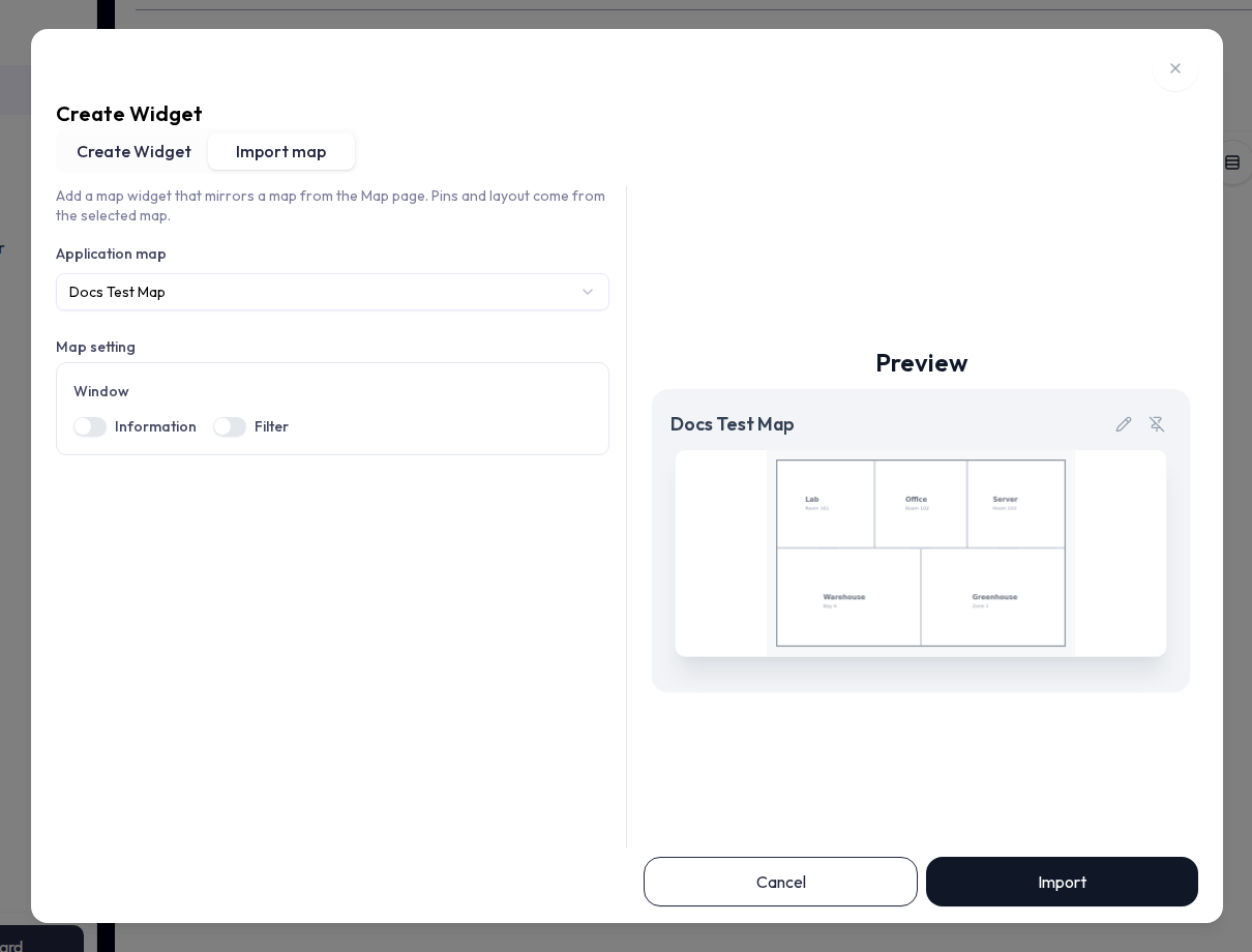 The dashboard widget editor's Import map panel. It has an Application map dropdown that lists the application's maps, and a Map setting block with a Window section holding Information and Filter toggles to show or hide the map's info and filter windows. When no maps exist it shows a 'Create a map' button that links to the Map page.
