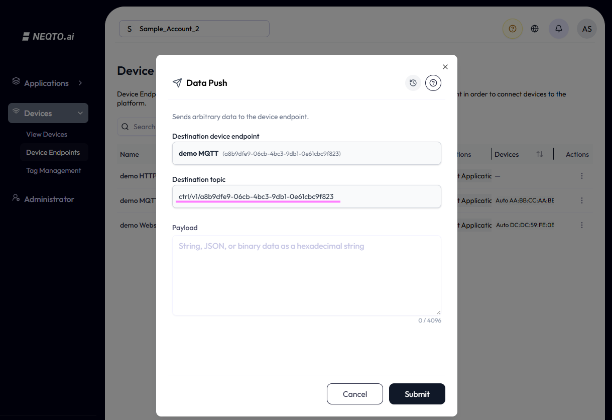 The Data Push modal for an MQTT endpoint, showing an additional Destination topic field (a ctrl/v1/… topic path) below the Destination device endpoint, above the Payload field.