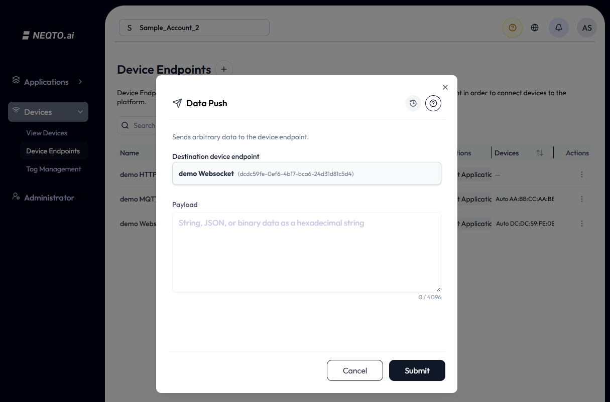 The Data Push modal for a WebSocket endpoint: a Destination device endpoint field, an empty Payload textarea with placeholder text 'String, JSON, or binary data as a hexadecimal string' and a 0 / 4096 counter, history and help icons at the top right, and Cancel and Submit buttons.