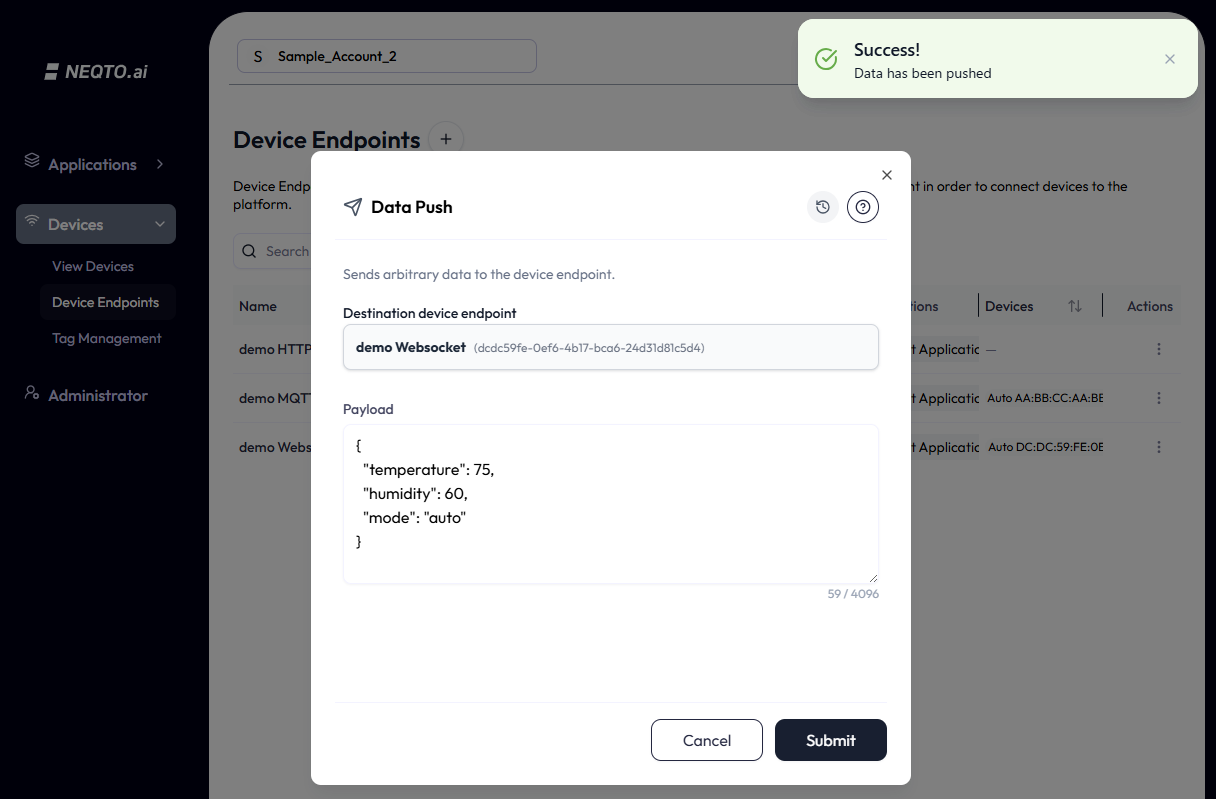 The Data Push modal with a multi-line JSON payload typed in — an object with temperature, humidity, and mode fields (59 / 4096) — and a 'Success! Data has been pushed' toast.