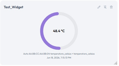 The saved Single Status Gauge on the dashboard, showing a value of 48.4 °C with the label Auto AA:BB:CC:AA:BB:04 temperature_celsius + temperature_celsius and a timestamp beneath it.