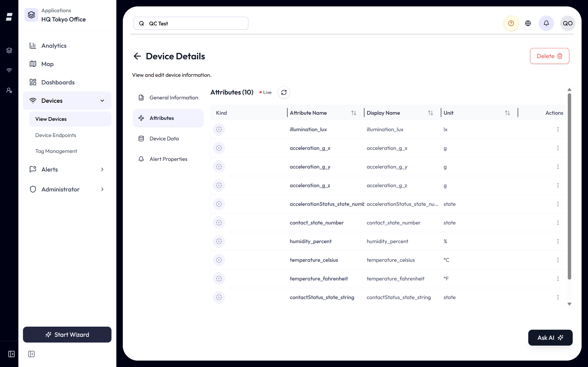 Device detail Attributes tab for an EnOcean STM 550 multi-sensor (EEP D2-14-41). Auto-detected rows include Temperature in degrees Celsius, Humidity in percent, Illumination in lux, a Contact state, and X, Y, Z acceleration in g.